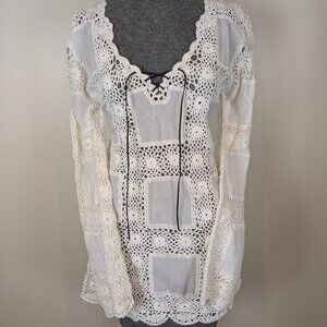 Designer Boston Proper White Crocheted Boho Shirt Tunic Cover-up Size M EUC